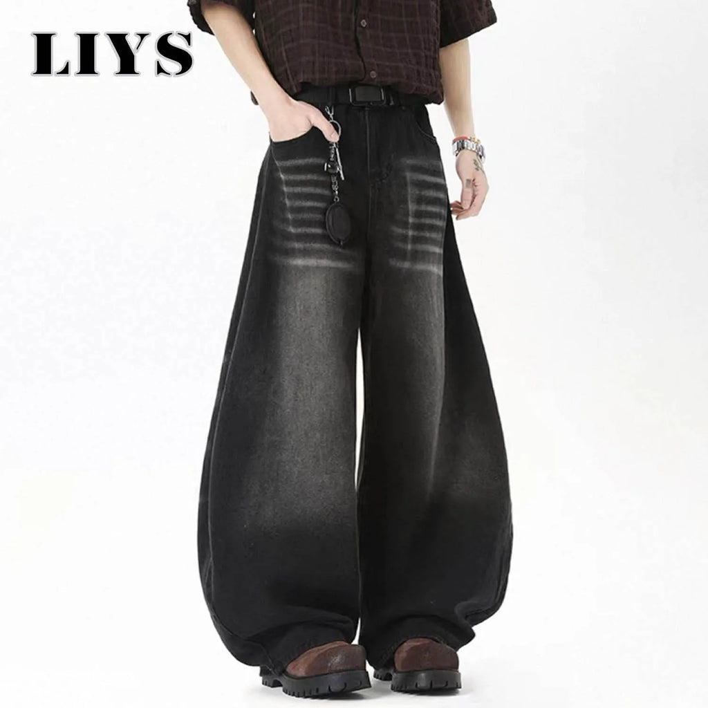 Men's American Retro Black Baggy Machete Wide Leg Jeans Four Seasons Personalized Embroidery Design Unisex Denim Pants Clothes