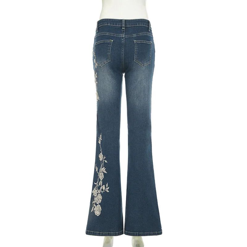 Retro Y2k Jeans Baggy Floral Embroidery Jeans Women Vintage 2000s Low Rise Flared Denim Pants High Street Basic Trousers