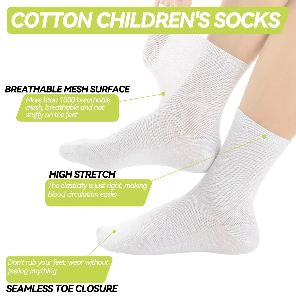 Children's pure cotton seamless socks,mesh thin mid-calf style for summer, suitable for students to wear to school, for sports