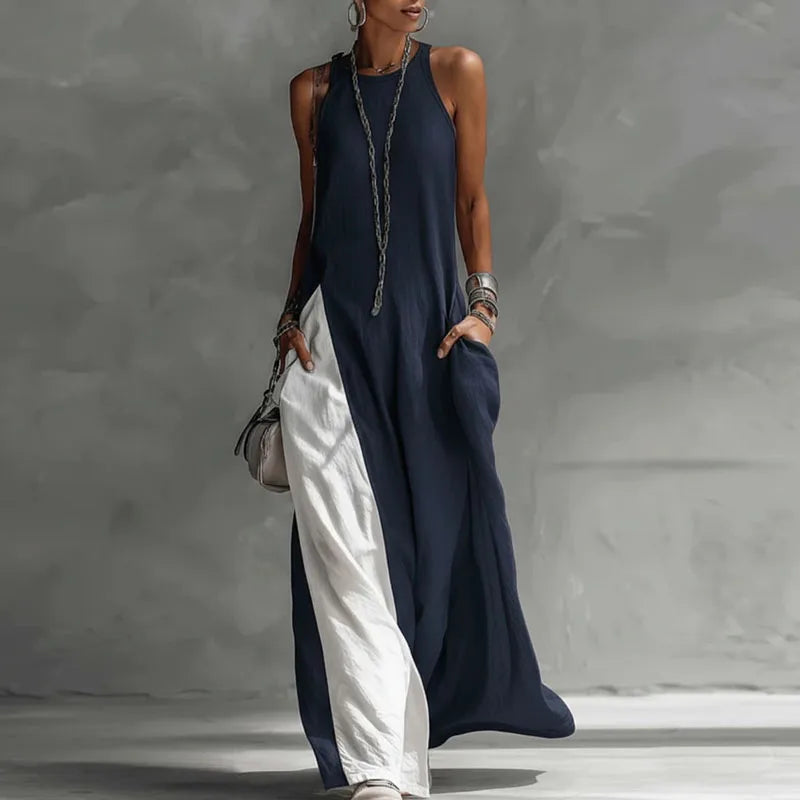 Casual Sleeveless Summer Boho Vacation Maxi Dress Woman Sexy O Neck Contrast Color Long Dress Spring Pocket A-Line Party Dresses