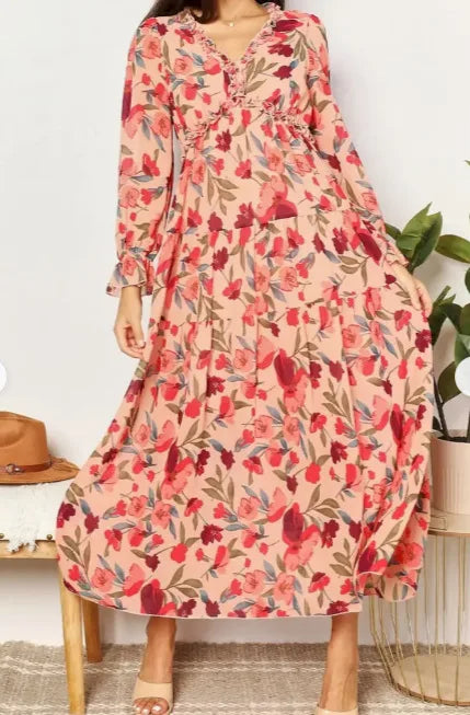 Elegant Floral Print Women Summer Casual Ruffle Layered Long Sleeved V-neck A Line Long Maxi Party Loose Boho Dresses