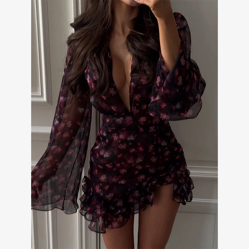 Flora Painted Ruffle Mini Dress Women Elegant Full Sleeve Deep V-neck Slim A-line Dresses 2026 Lady Holiday Street Outwears New