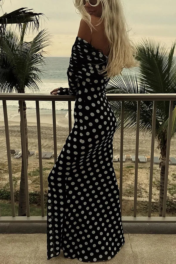 Summer Fashion Vacation Style Fashion Party Women's Long Elegant One Shoulder Wave Dot Print Slim Fit Sexy Long Retro Dresses