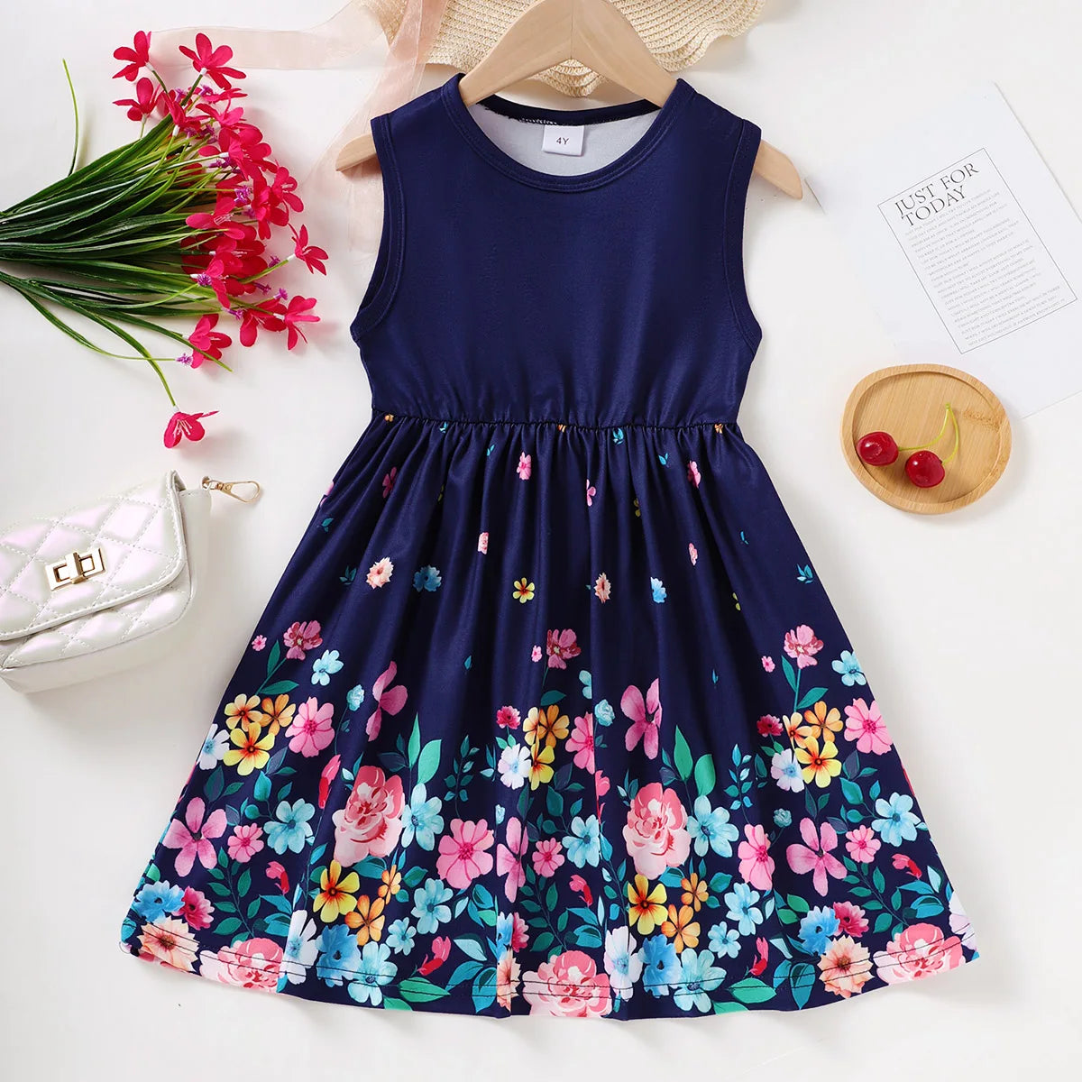 Kids Girl Summer New Sling Dress Flower Print Suspenders Dresses Daily Comfortable Casual Clothing for Children Girl 4-7 Years