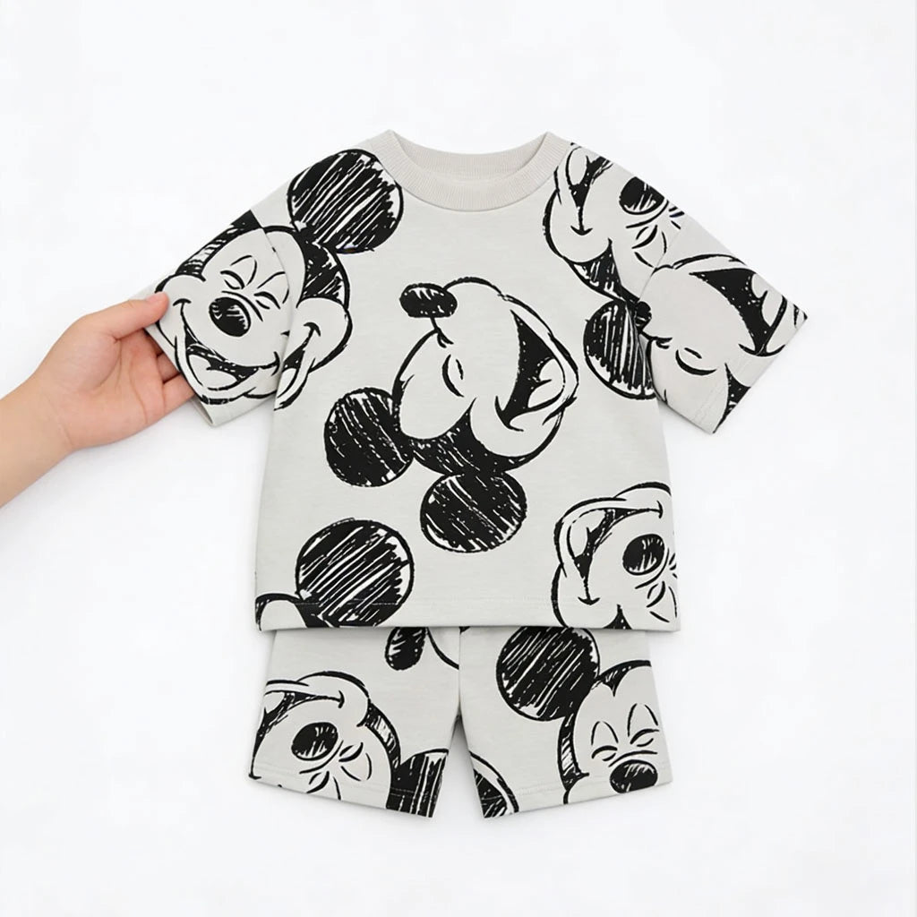 Disney Mickey Children's Sports Set Cartoon Fashion Loose Girl Baby Boy Short Sleeve Round Neck T-shirt+shorts Two Piece Set