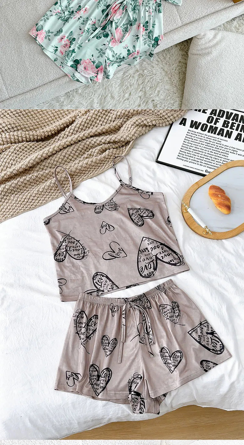 2Pcs Satin Pajama Set for Women Sleepwear Sexy Strap Vest Top Shorts Nightwear Pijamas Sexy Lingerie Sleep Shorts Set Sleepwear