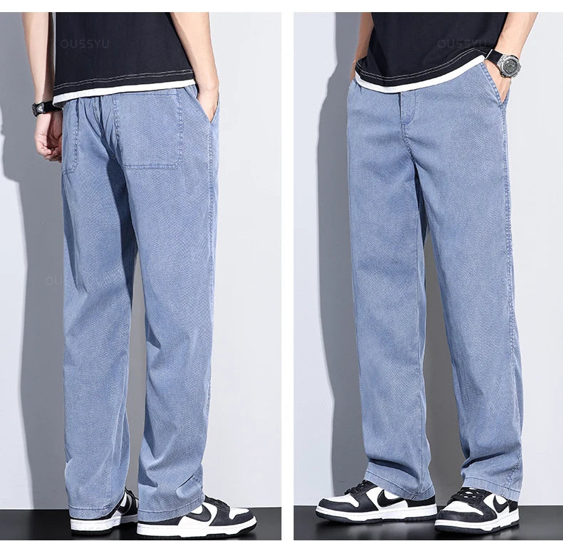 Brand Clothing Summer New Soft Lyocell Fabric Jeans Men Blue Elastic Waist Loose Straight Thin Denim Trousers Male Plus Size 5XL