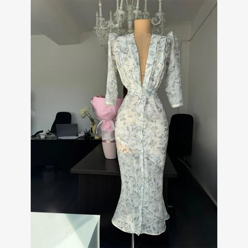 Fashion Organza Floral Printed Maxi Dress V-Neck Puff Sleeve 2026 Spring/Summer Romantic Women Party Gown Elegant Lady Vestido