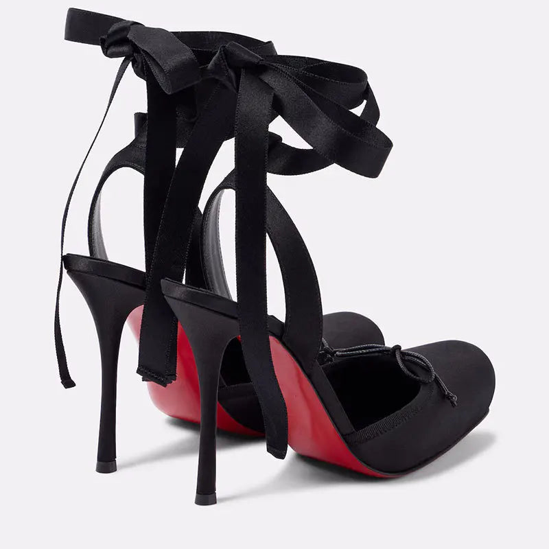 European and American Niche High-heeled Square Toe Ankle Strap Satin Bow Ballet Toe Cap Red Sole Plus Size Women's Sandals