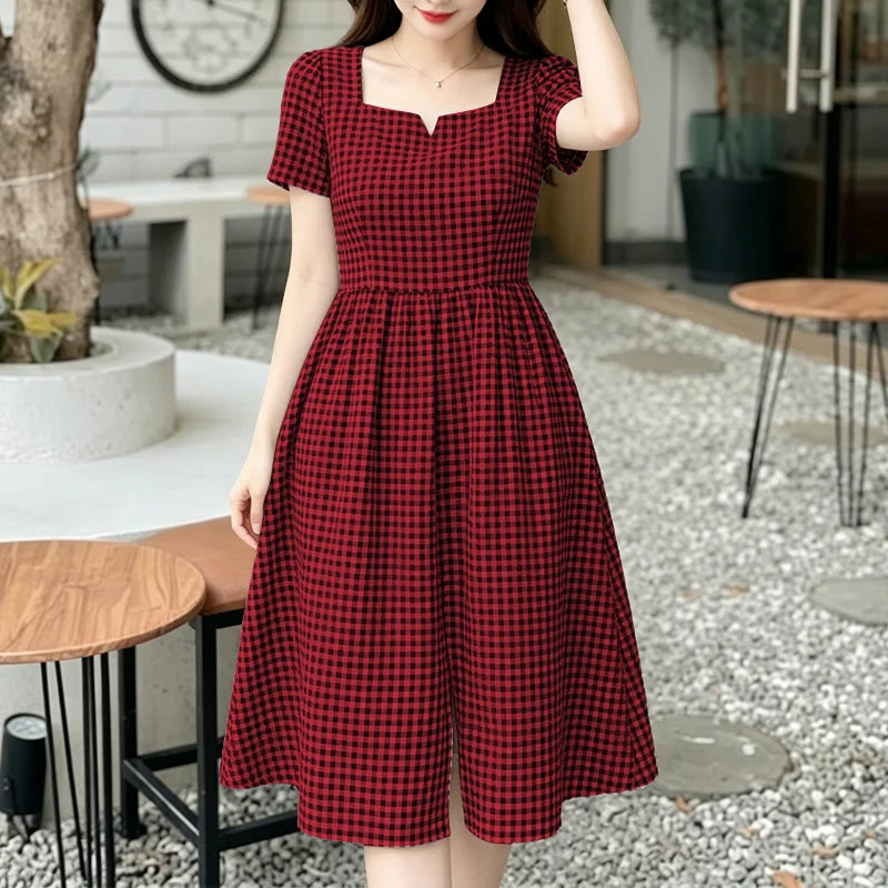Women Summer Plaid Dress 2026 ZANZEA Elegant Square Neck Short Sleeve Midi Dresses Casual Work Vestidos Stylish Holiday Sundress