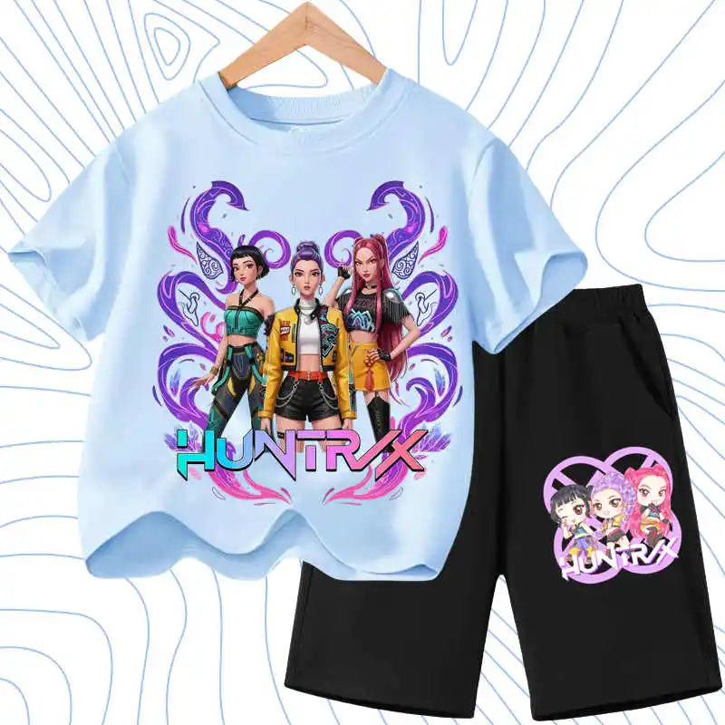 Summer Girls Casual T Shirt Sets K POP Cartoon Printed Kids Fashion Outfits Teen Children's O Neck Short Sleeve Tops Shorts 2pcs