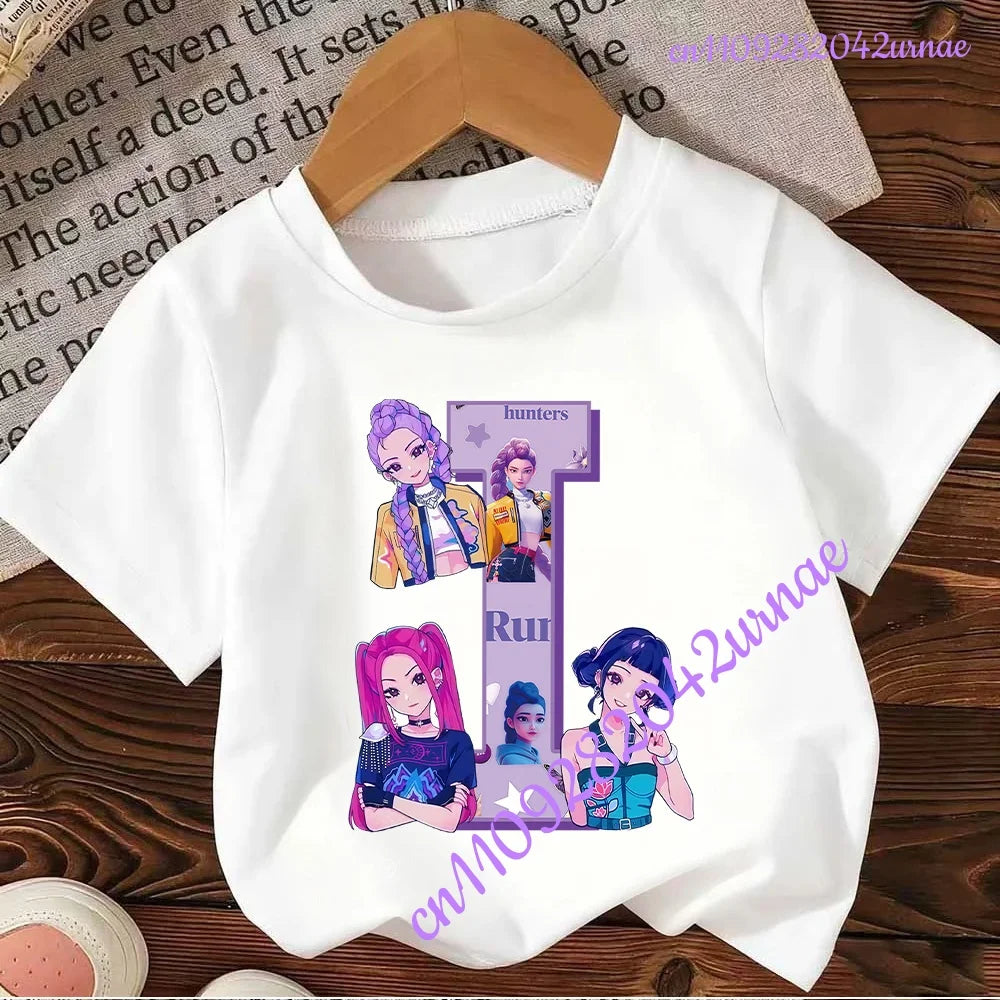 Kpop Demon Hunters Letter A-Z T-shirt Kawaii Rumy Birthday Tops Party Wear Girls Tee Summer Short Sleeve Cotton Kid Clothes