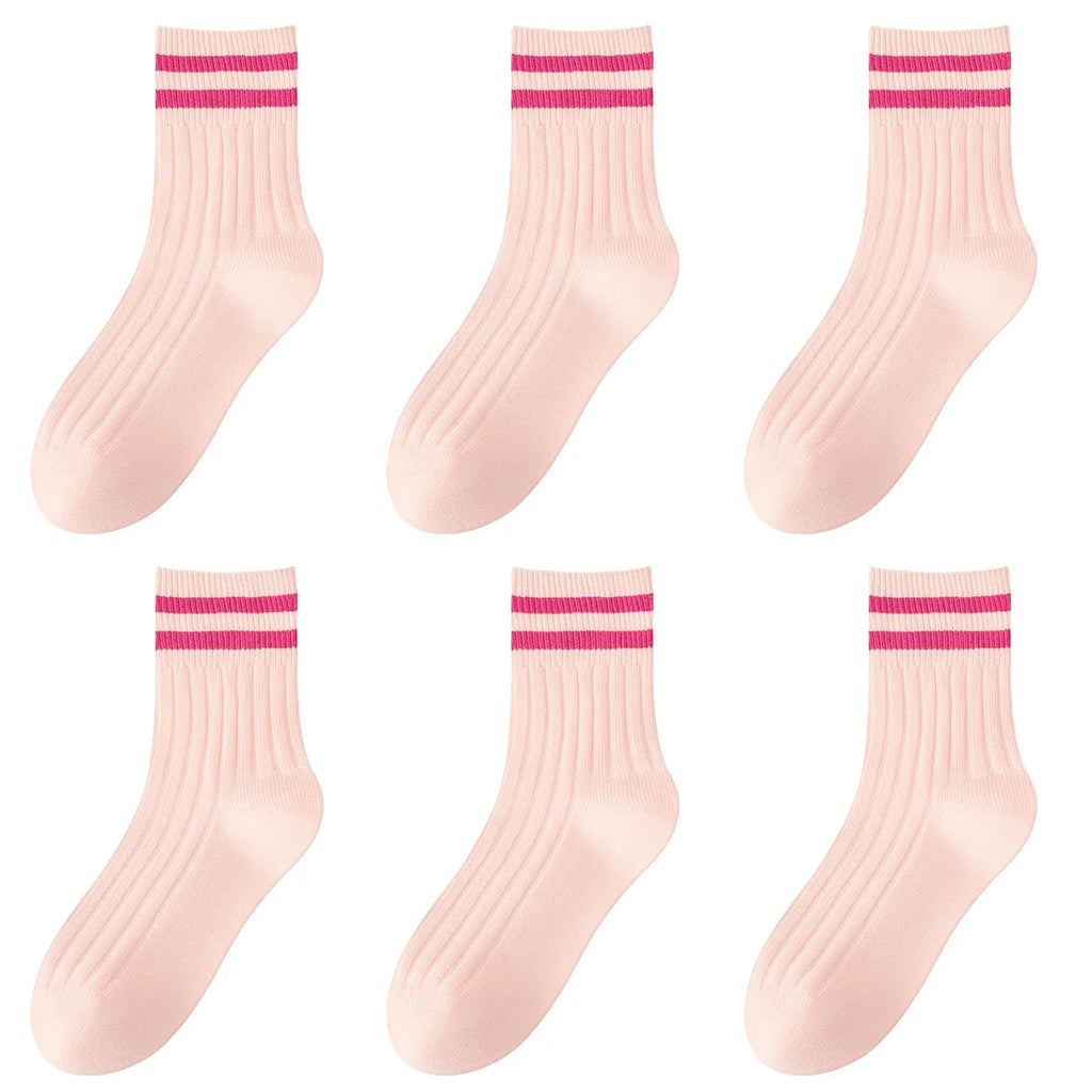 Kids Boys Girls Cotton Socks - Seamless Double Needle Ribbed 2-Stripe, Teens Students All Season School Home Sports Socks