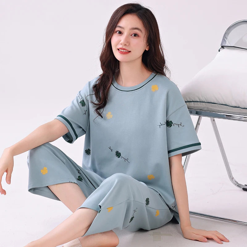 Newest Summer Casual Pajamas Set Women 100% Cotton Sleepwear Female Short Top+Calf-Length Pant Pyjamas