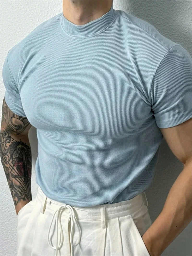 2026 New fashion Men's T-shirt Small high collar stripe shirt short sleeve fitness top leisure sport T-shirt Men sportswear
