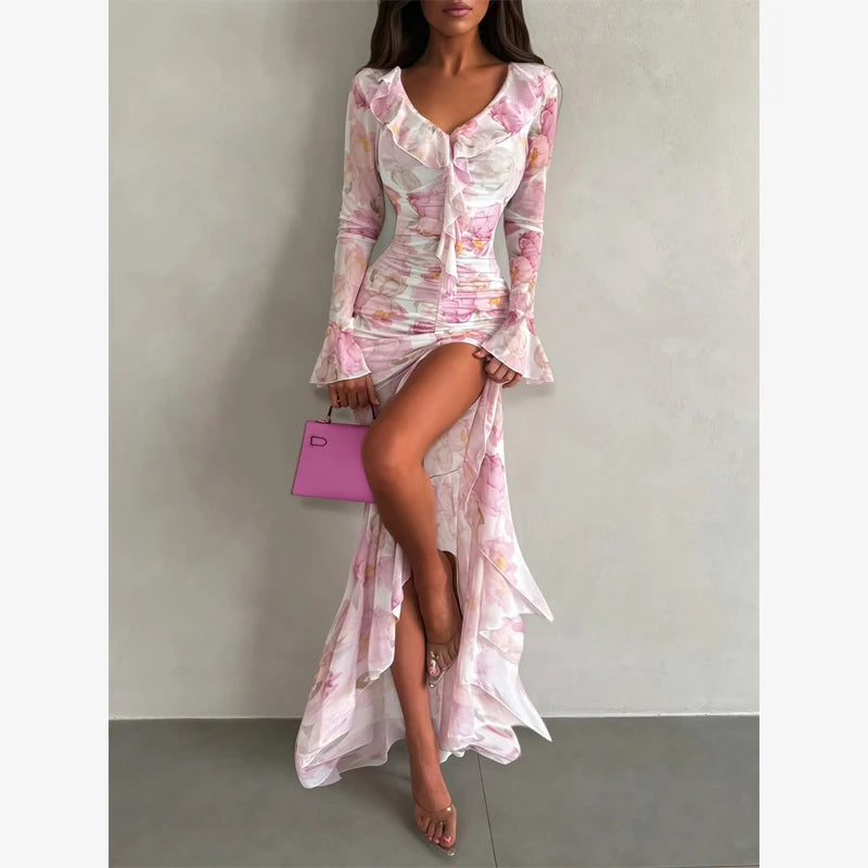 Fashion Organza Floral Printed Maxi Dress V-Neck Puff Sleeve 2026 Spring/Summer Romantic Women Party Gown Elegant Lady Vestido