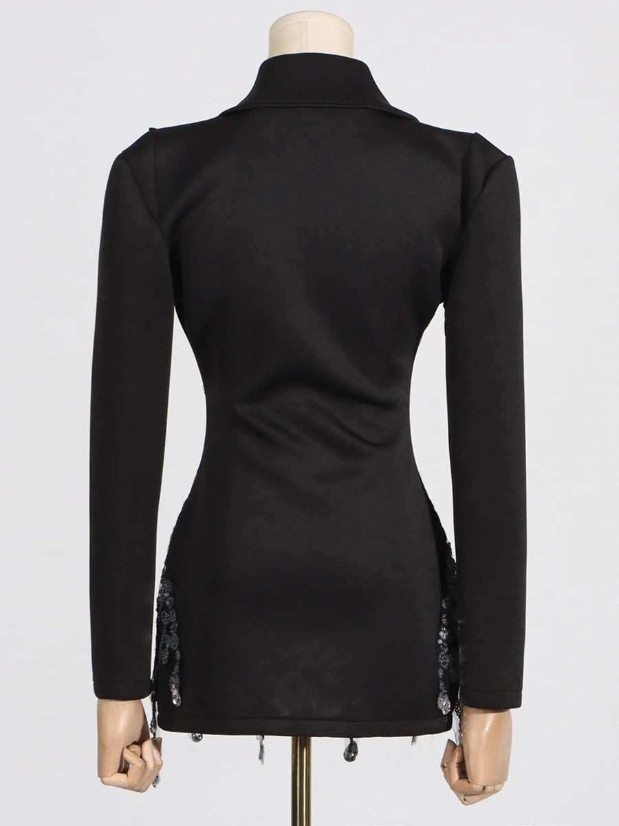 CHICEVER Designer Chic Patchwork Diamonds Mini Dress for Women Notched Collar Long Sleeve High Waist Slimming Dresses Female New