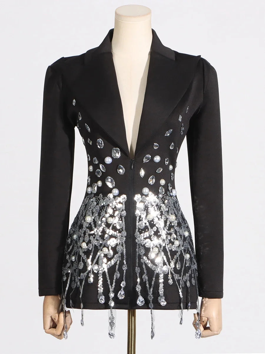CHICEVER Designer Chic Patchwork Diamonds Mini Dress for Women Notched Collar Long Sleeve High Waist Slimming Dresses Female New