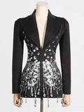CHICEVER Designer Chic Patchwork Diamonds Mini Dress for Women Notched Collar Long Sleeve High Waist Slimming Dresses Female New