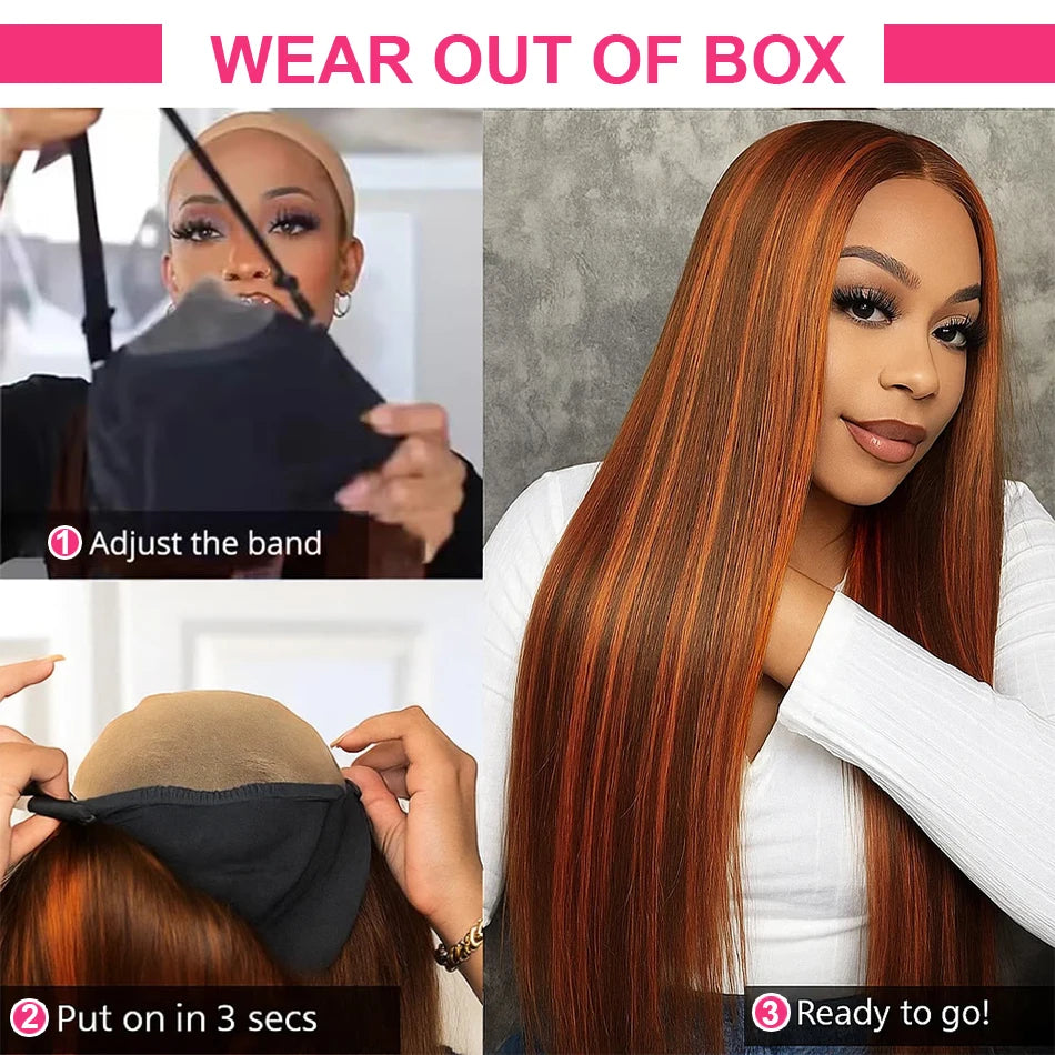 Brown Ginger Highlight Wigs Human Hair Bone Straight 5x5 Lace Frontal Glueless Pre Cut Ombre Ginger Colored Hair Wigs For Women