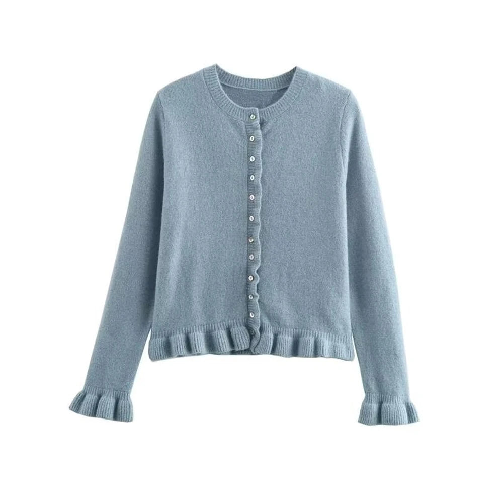 Women's Ruffled Knit Cardigan Sweater O-Neck Long Sleeve Chic Top with Front Buttons Fashion Outerwear