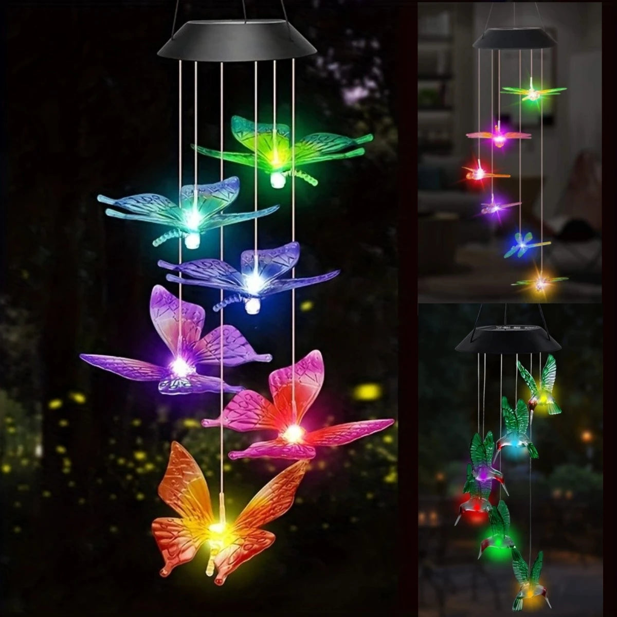 1PC Led Color Changing Butterfly Dragonfly Hummingbird Solar Wind Chimes Outdoor Waterproof Birthday Gifts