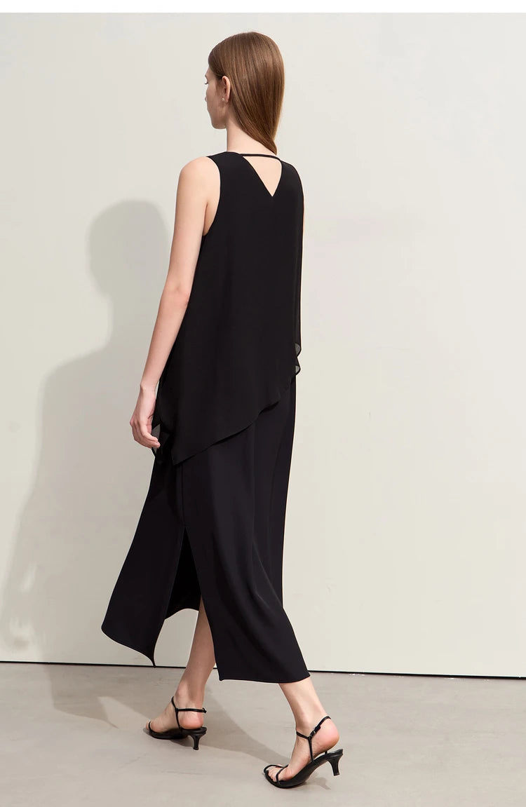 Amii Minimalism 2024 Women Dresses Summer New Vacation Style V-neck Spliced Chiffon Female Sleeveless Loose Dress 12452102
