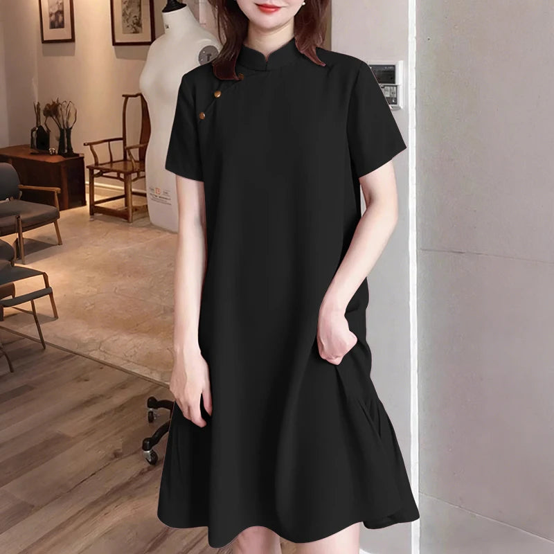 2026 ZANZEA Fashion Women Short Sleeve Shirt Dresses Stand Collar Solid Knee-Length Casual Sundress Summer Office Lady Vestidos