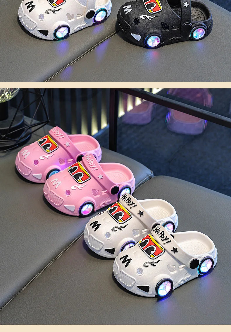 Children's Slippers 2026 Summer New Boys' Car Shaped Wheels Will Light Up Anti Slip Soft Bottom Baby Beach Slippers
