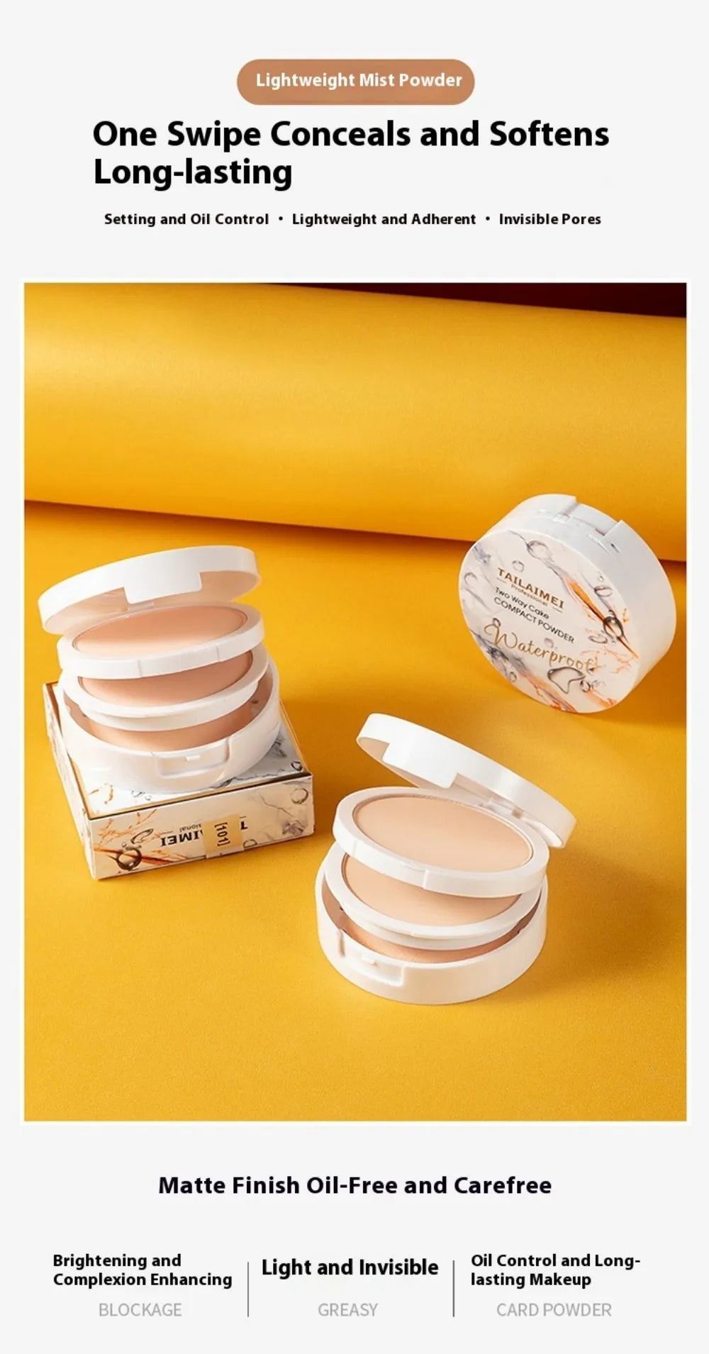 TLM TAILAIMEI  Two-Way Cake Compact Powder with Puff Matte Finish Face Powder Makeup Oil Control Lightweight Pressed Powder P105