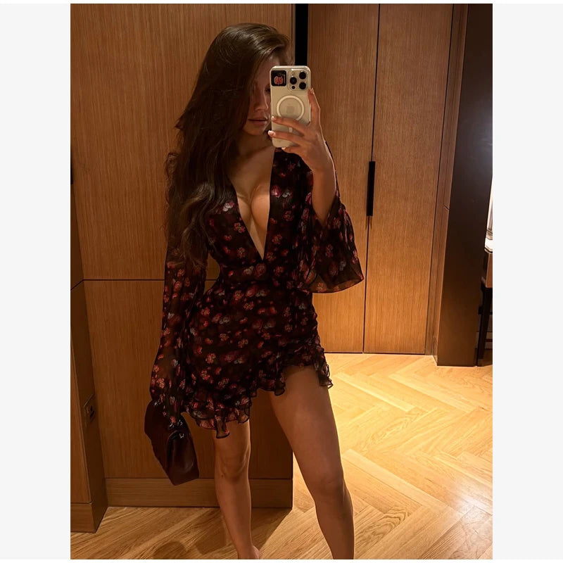 Elegant Floral Printed Mini Dress Women V-neck Short Sleeves Waist-cinching Ruffle Hem Dresses 2026 Lady Summer Vacation Gowns