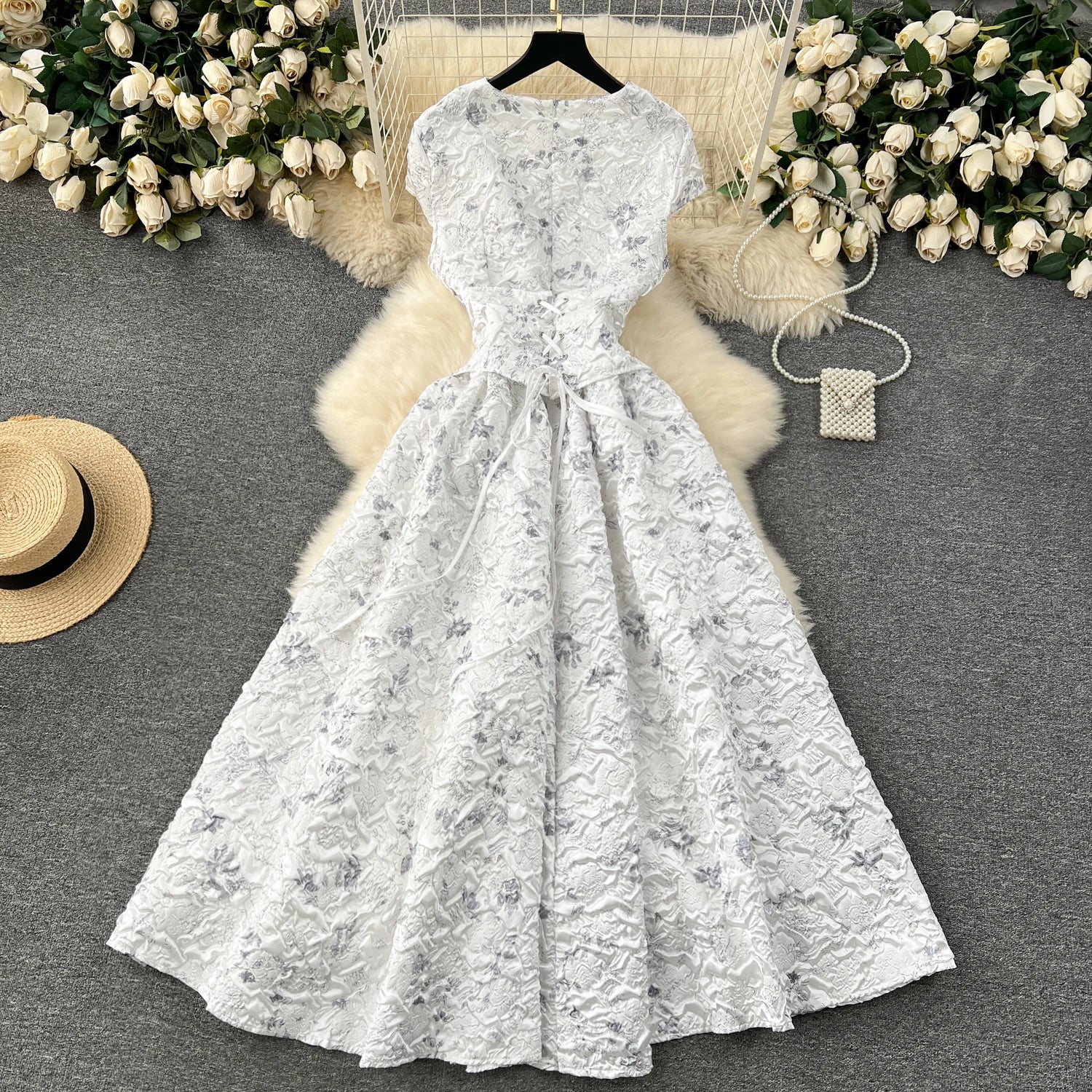 Court Style Elegant Long Dresses for Women Jacquard O-neck Short Sleeve A-line High Waist Vestidos Mujer Frenchic Dress Dropship