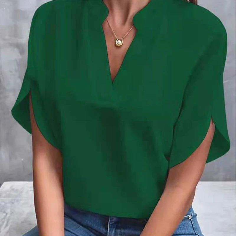 1pcs Woman New Summer Solid Color Shirts Lady Casual Short Sleeve V-neck Collar Loose Shirts Female Fashion Pullover Tops