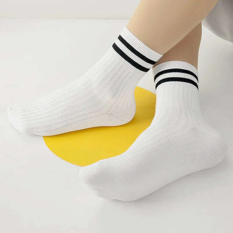 Kids Boys Girls Cotton Socks - Seamless Double Needle Ribbed 2-Stripe, Teens Students All Season School Home Sports Socks