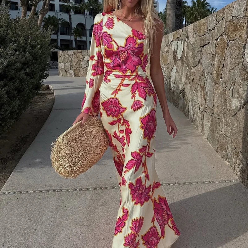 Fashion Satin Printing Sloping Shoulders Dresses Spring Women Single Shoulder Sleeves Dress Autumn High Waist Hip Hugging Dress