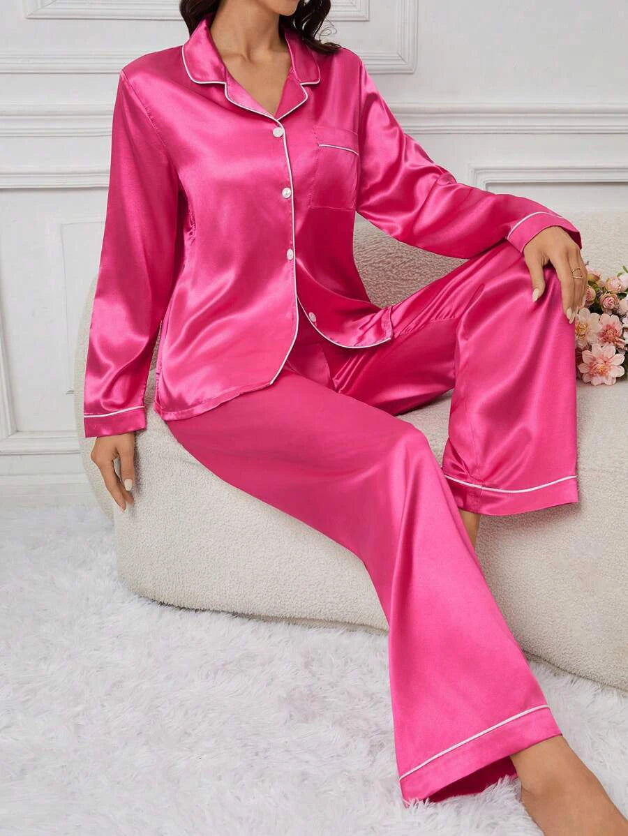 Women's Sleepwear Simple Satin Pajama Set Long Sleeve Buttons Lapel Top With Elastic Pants Loungewear Nightwear 2 Piece Nighty