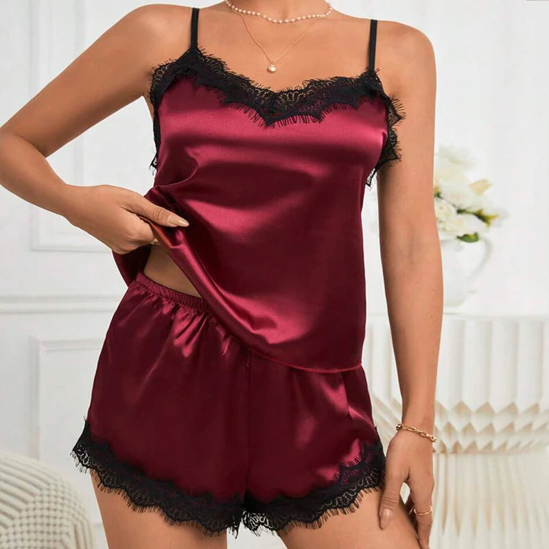 Champagne solid color Women Ice Silk Pajamas Sleepwear Pajama Set Satin Camisole Shorts  Low Cut Comfortable Casual Summer