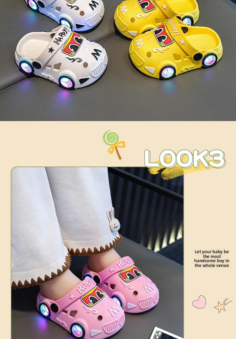 Children's Slippers 2026 Summer New Boys' Car Shaped Wheels Will Light Up Anti Slip Soft Bottom Baby Beach Slippers
