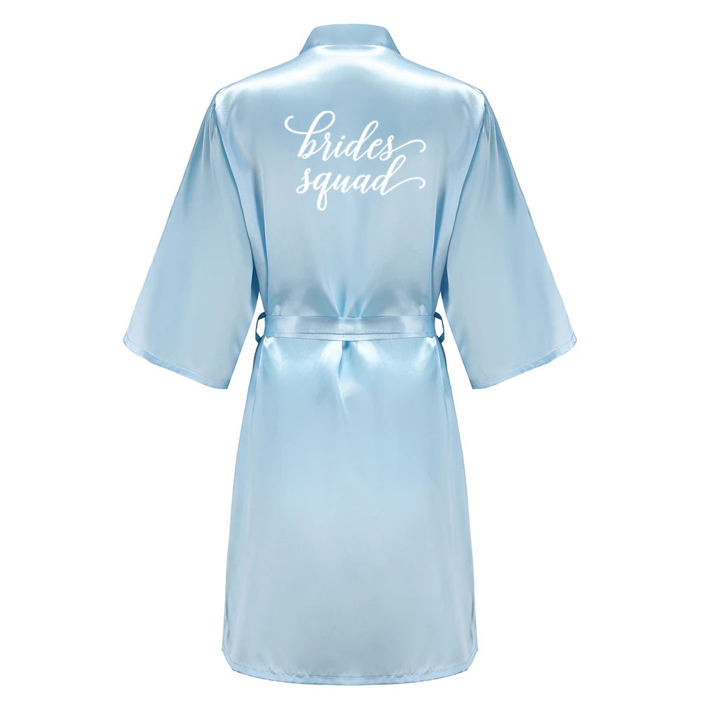 Light Blue Women's Satin Robe Short Kimono for Bride & Bridesmaid With White Letter, Wedding Party Robes