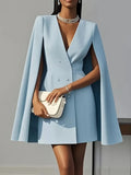 Women Fashion Commuter Solid Blazers Dress Office Double Breasted Waist Party Dress Elegant V-neck Shawl Cape Sleeve Midi Dress