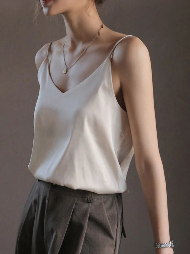 Women Halter V Neck Basic White Cami Spaghetti Strap Top Sleeveless Satin Silk 2026 Tank Tops Women'S Summer Camisole