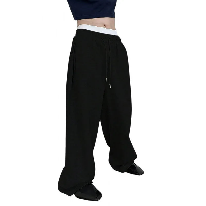 Men's Solid Color Sanitary Pants 2025 Drawstring Waist Straight Wide Leg Loose Fit with Pockets Versatile Sports Trousers