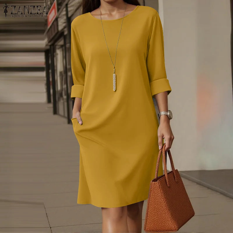 ZANZEA Elegant Women Party Dress 2026 Summer Fashion 3/4 Sleeve Casual Shirt Vestidos Pockets Loose Solid Knee-length Sundress