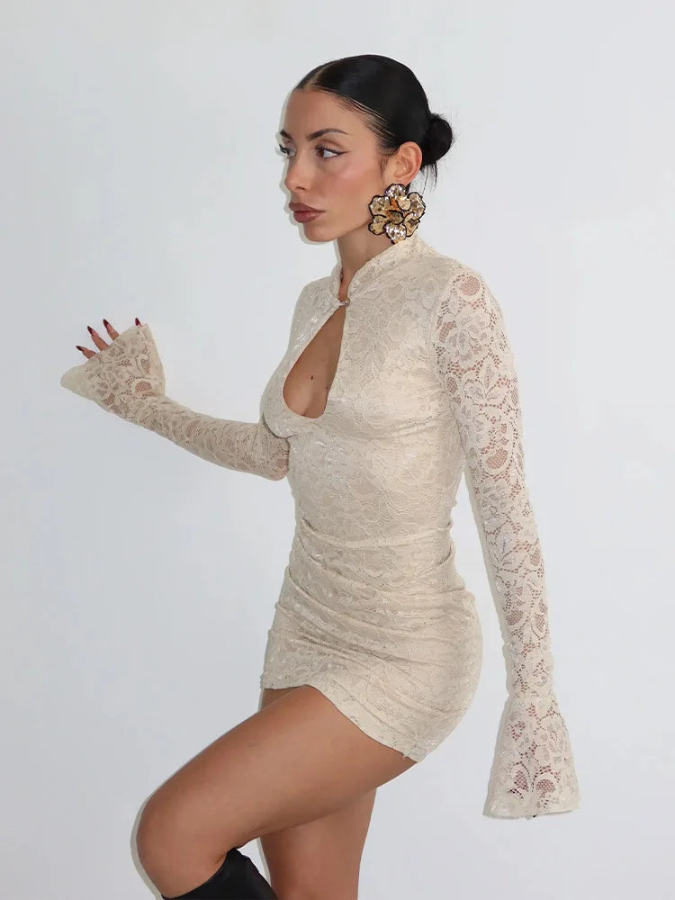 Ahagaga Sexy Lace Women's Mini Dresses Solid Sheer Hollow Out Turtleneck Long Flare Sleeves Sheath Bodycon Streetwear Vestidos