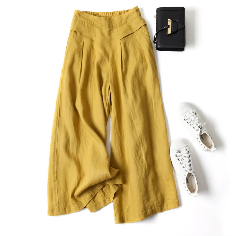 2026 Summer Women's Culottes Cotton Linen Cropped Wide Leg Pants Elastic Waist Casual Palazzo Trousers with Pockets