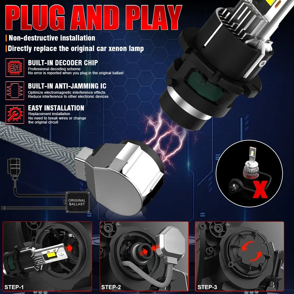 2PCS D2S D4S D2R LED Headlight HID D1S D3S D8S LED Headlamp Bulbs 1000000LM Xenon Car Lights Turbo Lamps Canbus 6000K Plug&Play