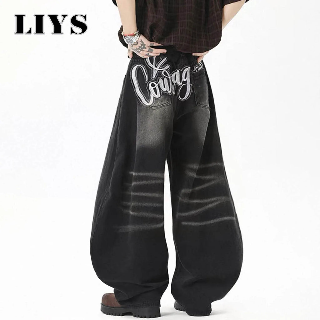 Men's American Retro Black Baggy Machete Wide Leg Jeans Four Seasons Personalized Embroidery Design Unisex Denim Pants Clothes