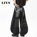 Men's American Retro Black Baggy Machete Wide Leg Jeans Four Seasons Personalized Embroidery Design Unisex Denim Pants Clothes
