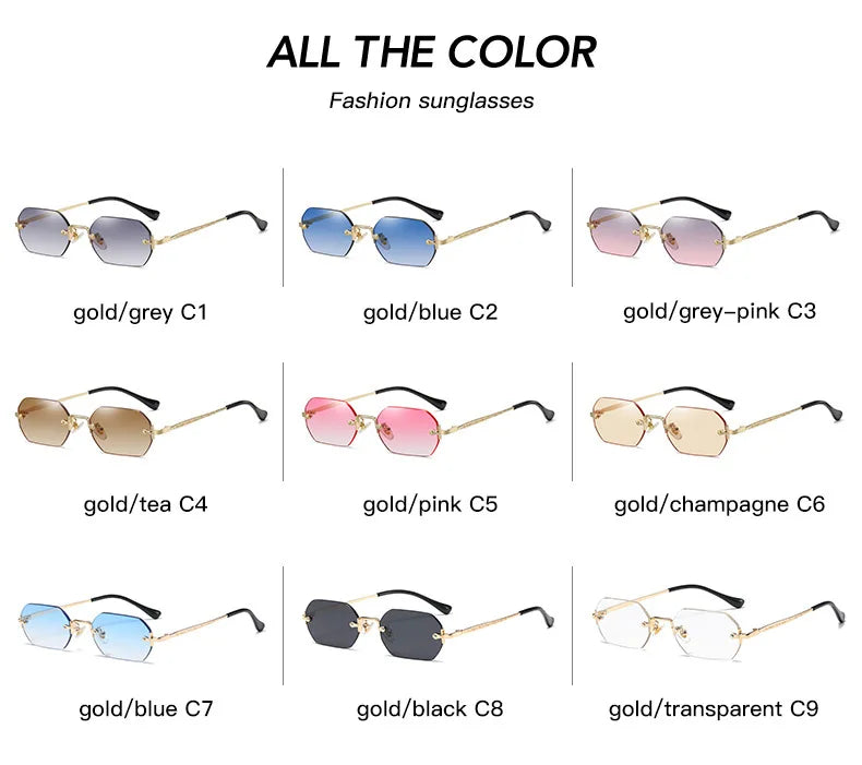 Rimless Rectangle Sunglasses Small Men Glasses Women Metal Gold Polygon Blue Shades 2024 UV400 Frameless