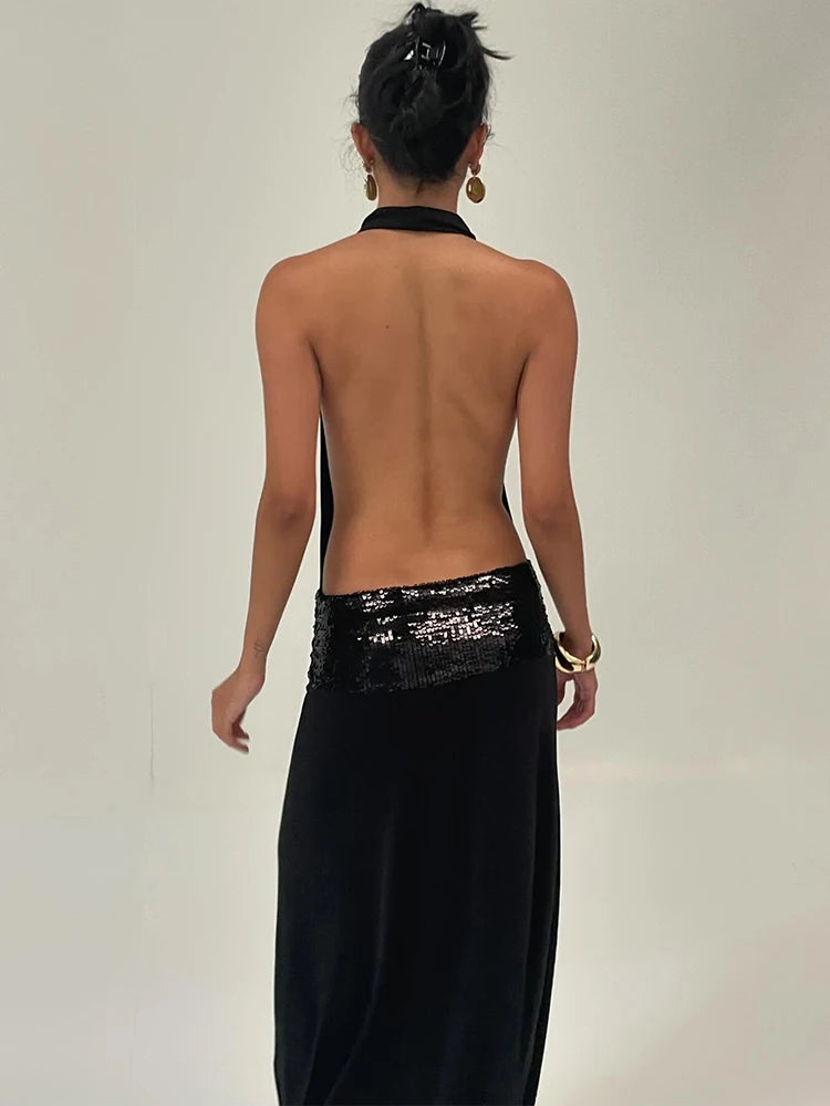 Sisterlinda Backless Fashion Dresses Elegant Halter Patchwork Draped Maxi Bodycon Female Solid Simple Evening Party Frock New